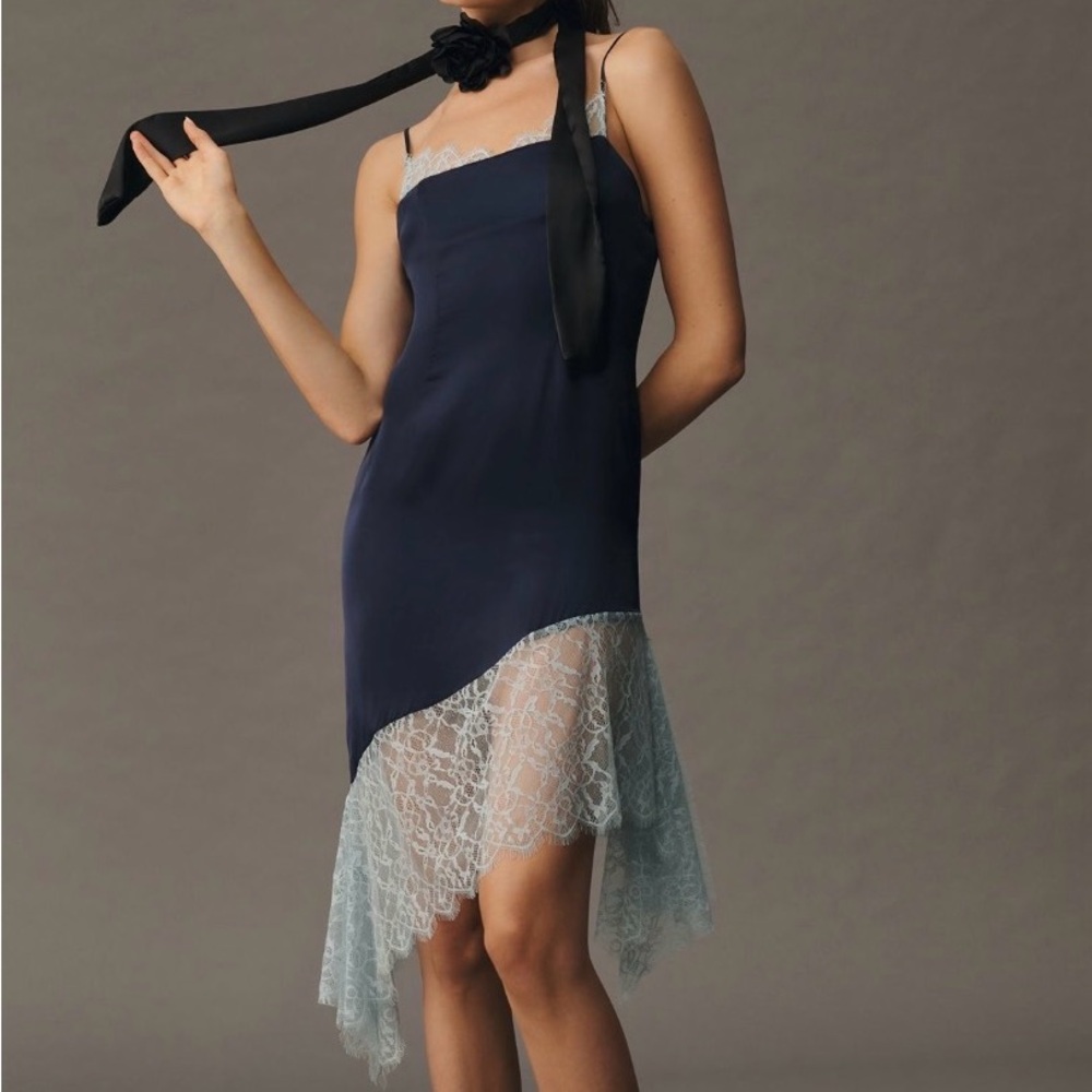 Anthropologie Elegant Navy and Lace Asymmetrical Dress- NWT size 6
